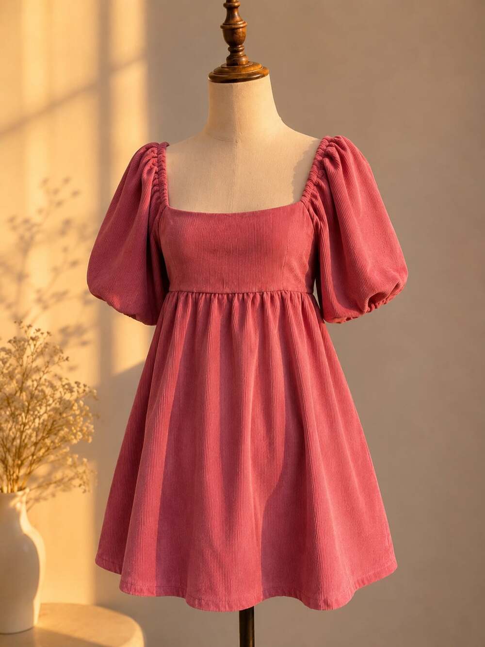 Coquette Mini Dress Pink Corduroy Bow Back Puff Sleeve Cottagecore L